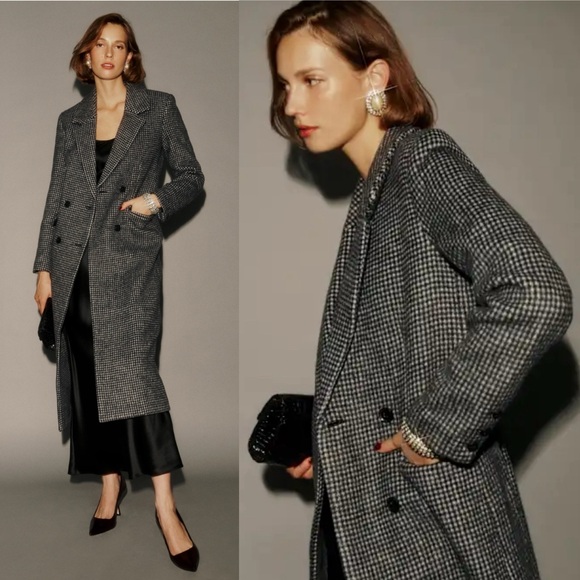 Reformation Baker Houndstooth Wool Blend Double Breasted Coat